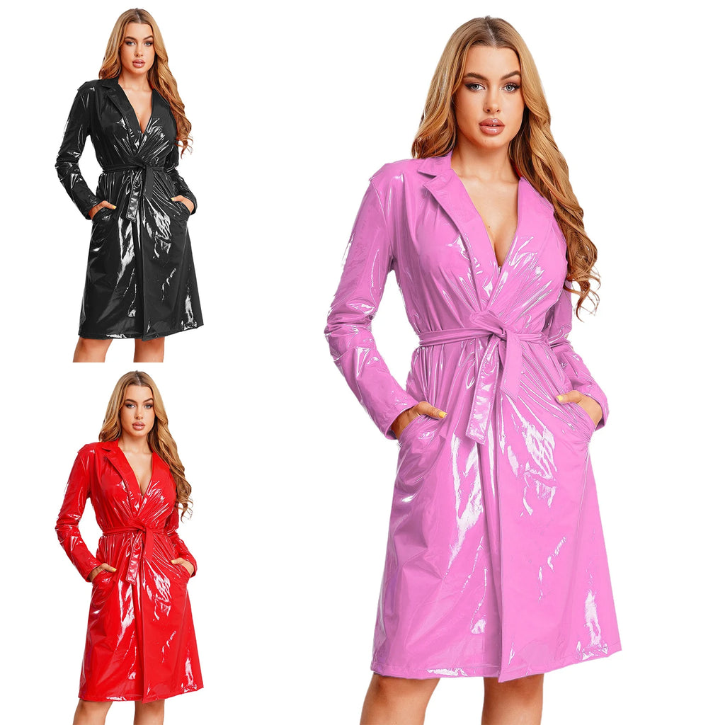 Women PU Leather Long Trench Coat Blazer Glossy Lapel Open Front Long Sleeve Jacket Overcoat with Belt Party Clubwear Streetwear
