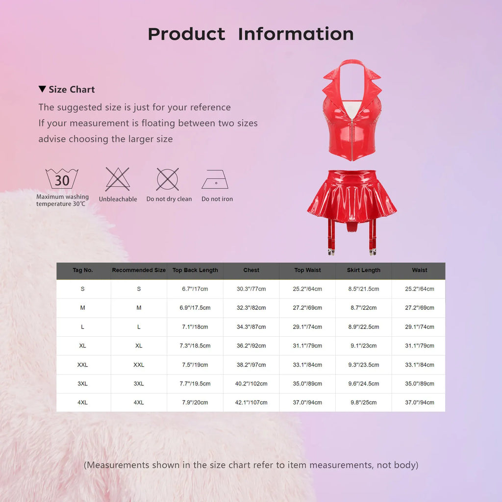 Womens Wet Look Patent Leather Halter Vest with Miniskirt Built-in Thongs Garter Clips Party Pole Dance Sexy Lingerie Clubwear