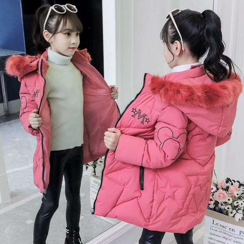 3-12 Years Winter Teen Girls jacket Long Style Letter Decoration Detachable Hat Lined With Velvet Hooded Thick Coat For Kids