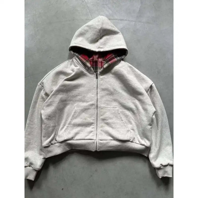 Autumn and winter street double-sided y2k personalized plaid zipper hoodie hooded sweatshirt