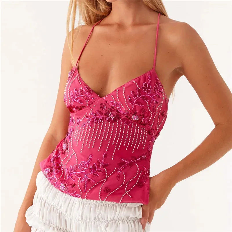 2025 Sequin Beaded Cami Mini Dress Sexy Front V Neckline Sleeveless Short Dresses for Women Backless Criss Cross Straps Dress