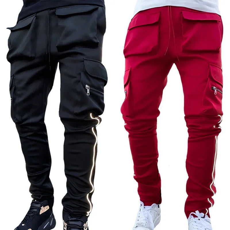 Summer Men's Jogging Sports Pants Multi-Pocket Sweatpants Running Trousers Men's Casual Joggers Cargo Reflective Hip Pop Pants
