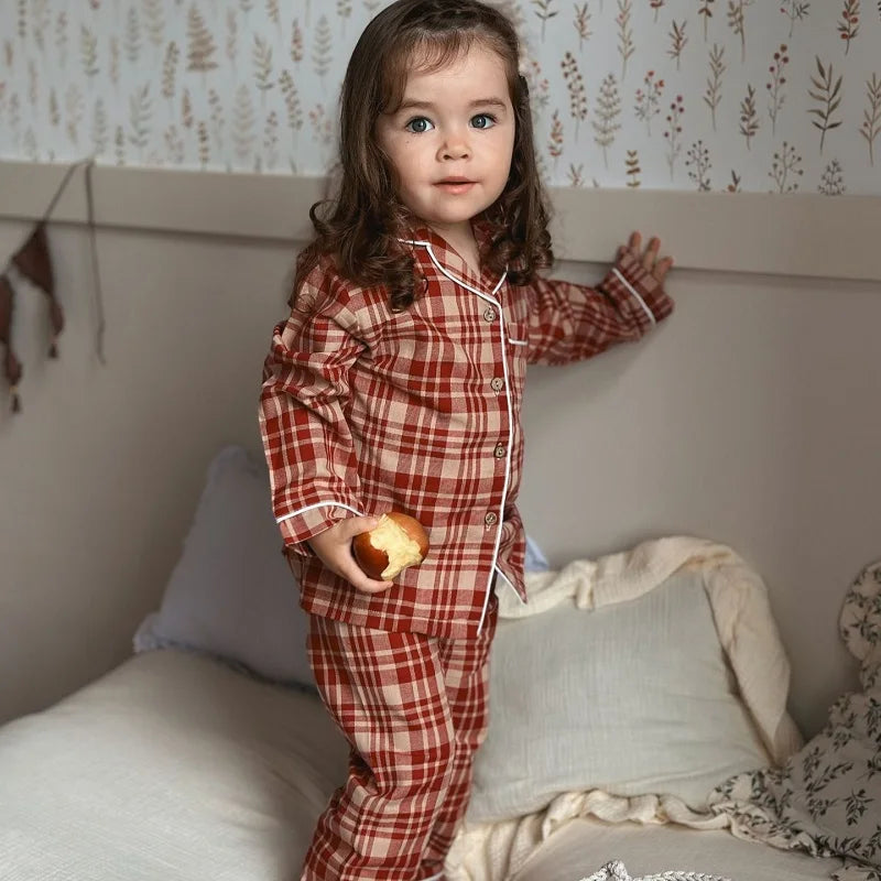 Children's Pajamas Sets Spring Autumn Baby Girls Clothes 100% Pure Cotton Plaid Tops+Pants 2 PCS Kids Boy Pyjamas Suits Homewear