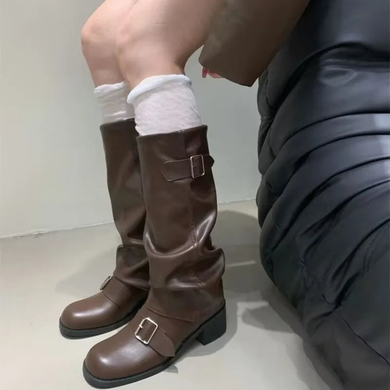 2025Woman Boots Knee High Platform Chunky Heels Trend Punk Gothic New Rock Leather Fashion Women's Shoes Motorcycle Footwear
