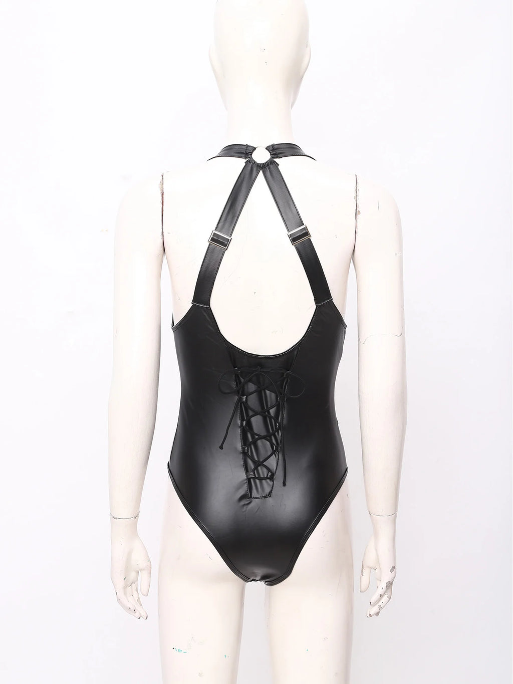 Womens PU Leather Bodysuit Costume Deep Low Neckline Front Zip-up Buttoned Crotch X-back Leotard Lingerie for Night Club Party