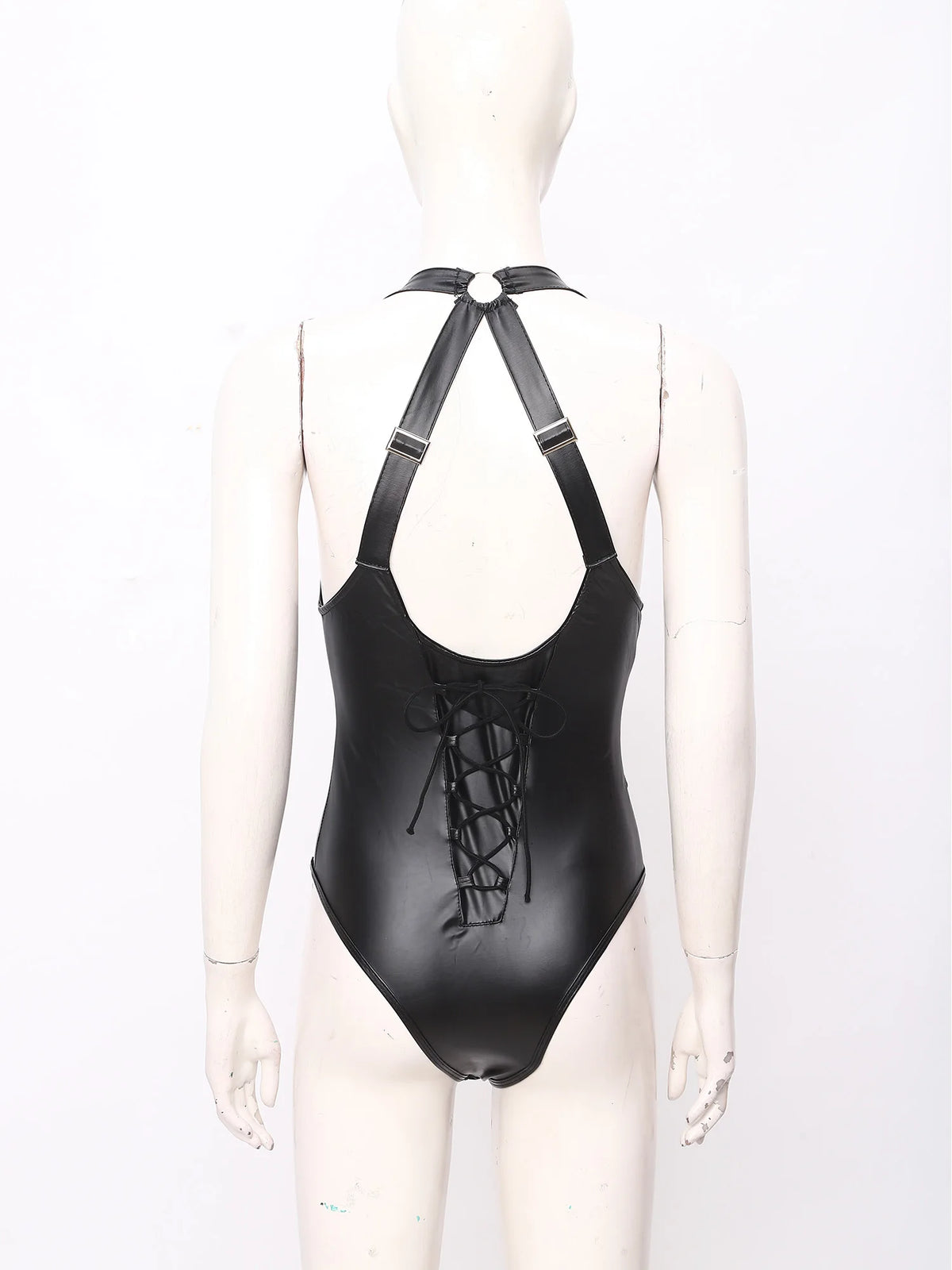 Womens PU Leather Bodysuit Costume Deep Low Neckline Front Zip-up Buttoned Crotch X-back Leotard Lingerie for Night Club Party