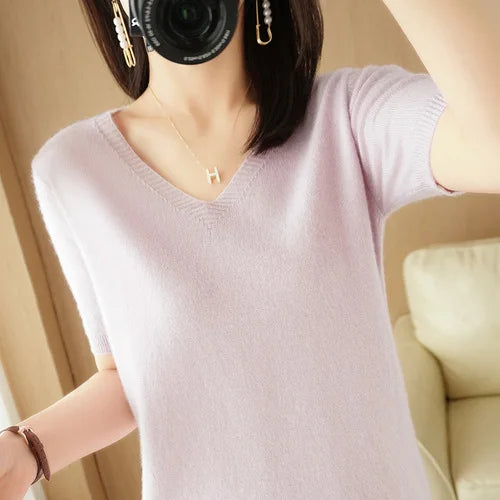 Women Sweater Casual Short Sleeve Pulls 2025 Spring Summer V-neck Knitwears Korean Fashion Shirts Tops Pullovers Soft Jumpers