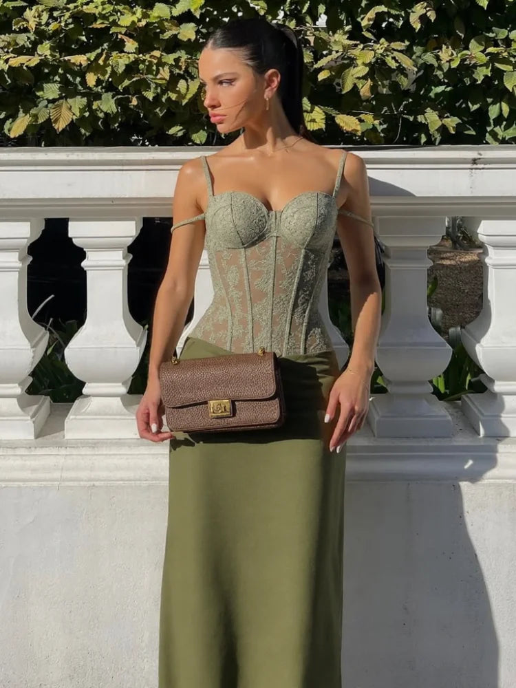 Elegant Women Summer Party Dresses Sets 2 Pieces Lace High Waist Lace Up Spaghetti Strap Tops Satin Zipper Party Skirt Outfits
