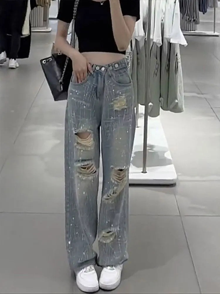 Female Cowboy Pants with Rhinestones Women's Torn Jeans High Waist Shot Wide Leg Trousers Summer Unique Shiny Original Pant 90s
