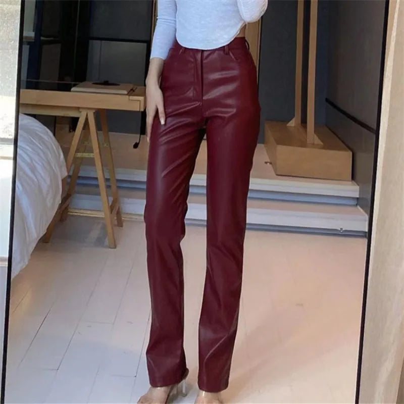 Women PU Leather Pants Solid Color High Waist Straight Trousers High Street Casual Pant