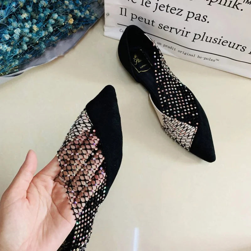 Women's Walking Sneakers, Lightweight Breathable Open Back Flats, Rhinestone Mesh Pointed Toe Dress Shoes for Party & Banquet
