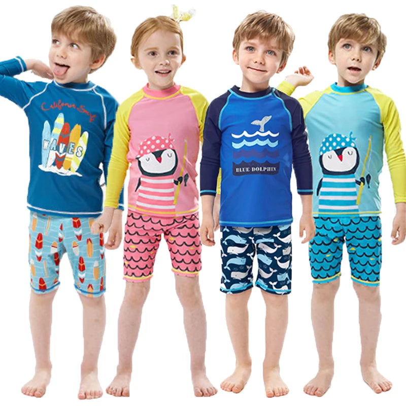 Children's Cartoon Swimsuit 2pcs Set Boys Swimwear Cool Print Summer Baby Swimming Clothes  Beach Surfing Teen Bathing Suits