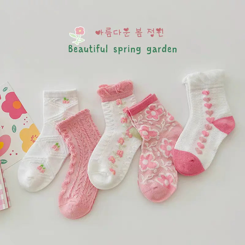 5 Pairs Kids Pink Socks Set Summer Floral Design Comfortable Half Socks Sweet Princess Child Girls Fashion Footwear