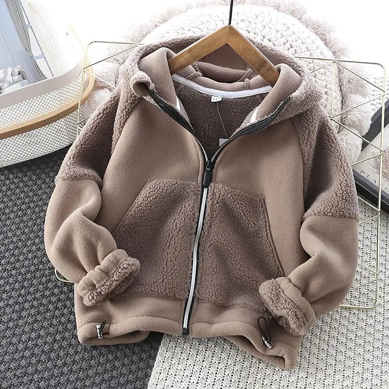 Winter Children Hooded Warmth Fleece Lined Zip Jackets Girls Boys Therme Cotton Outerwear School Kids Outfit Top Coats 3-14Years