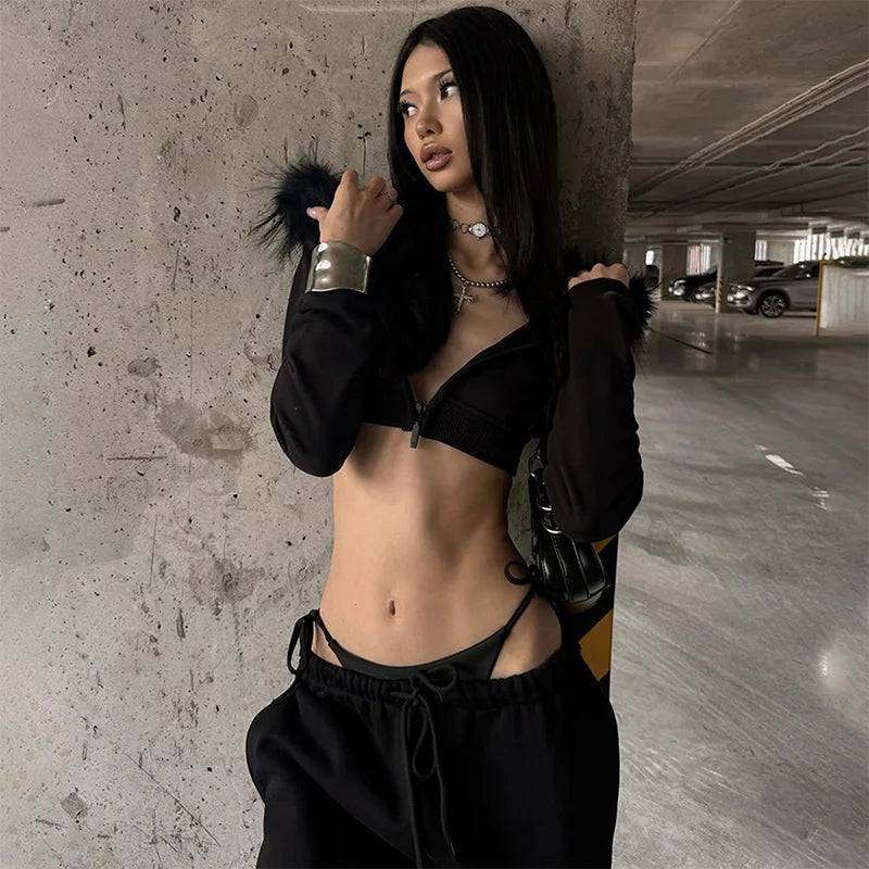 Winter Fashion Streetwear Women's Black Crop Hoodie Faux Fur Trim Trendy Gothic Punk Sexy Zip-Up Long Sleeve Sweatshirt 2025 New