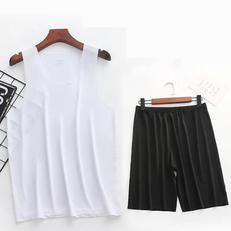 Mens Ice Silk T-Shirt & Short Pants 2Pcs Pijamas Sleep Set Ultra-thin Homewear Clothing Summer Pyjamas Sleepwear Nightwear Suit