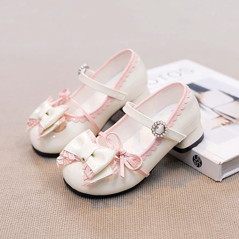 Girls High Heels New Leather Shoes Princess Chic with Double Bow-knot Kids Princess Wedding Party High Heels Fashion Dress Shoes
