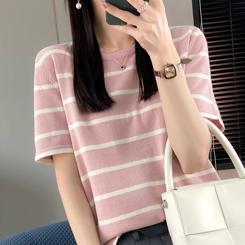 WinvyNee Summer Women 100% Cotton Striped T Shirt Women Clother Tops Short Sleeve O neck Sweater Casual Basic Pullover A1092006