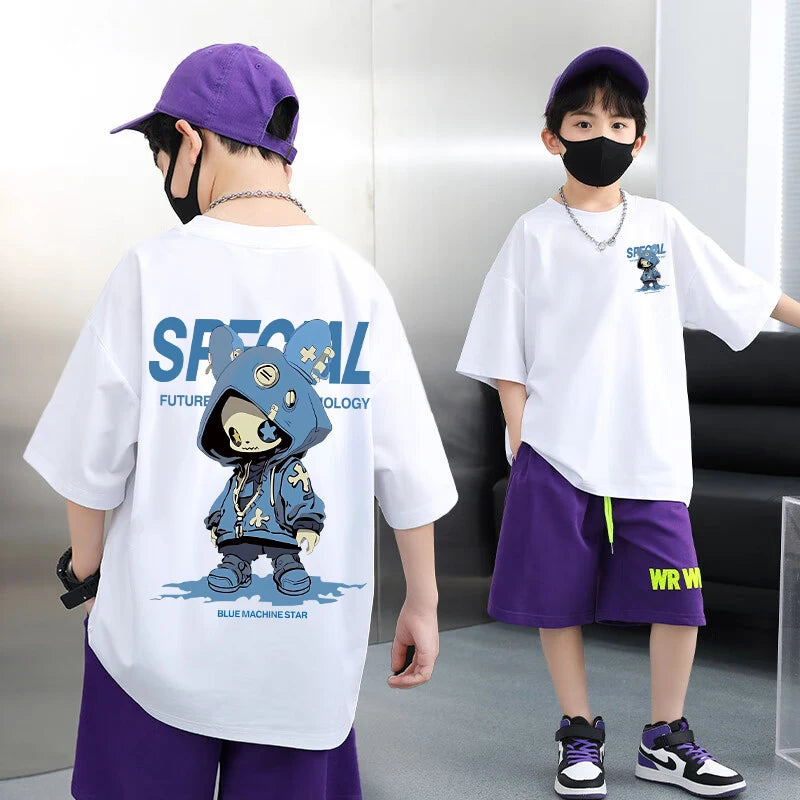 Korean Children's Clothes 2025 Boys Hip Hop Cartoon Graphic T Shirts Girls Short Sleeve Cotton Children Top Baby Summer Clothes