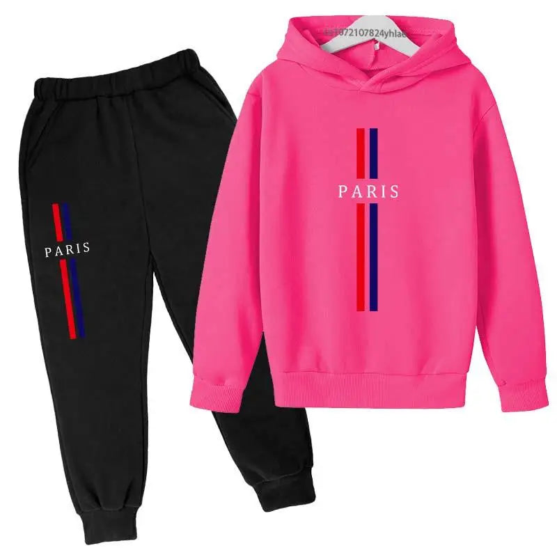 Kids Autumn Spring Casual Paris Print 2pcs Hoodie+Pants Tracksuits 2-13Years Boys Girls Fashion Streetwear Children Clothes Sets