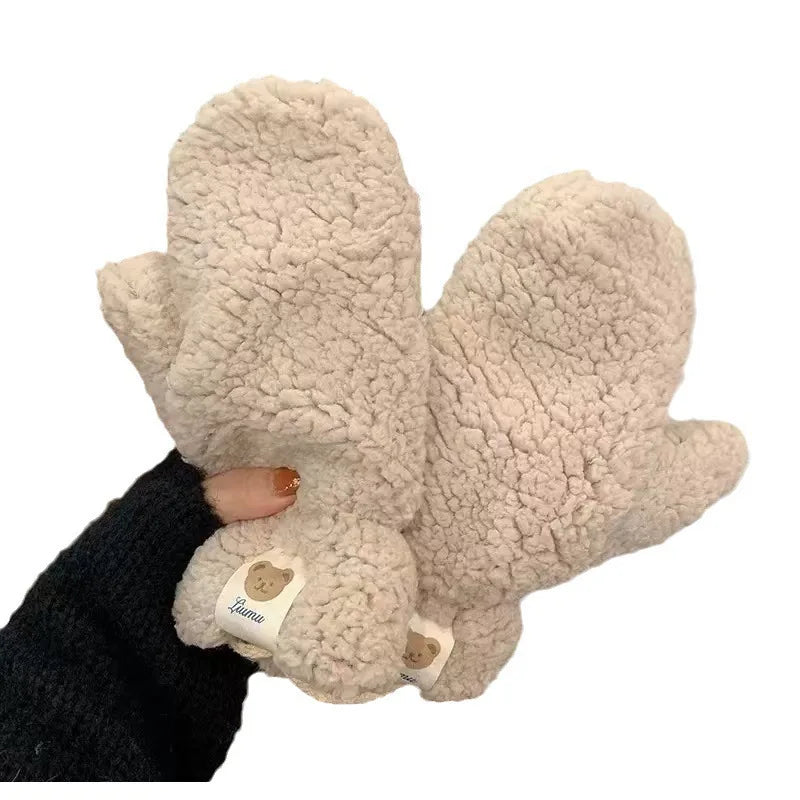 Women's Gloves Korean Kawaii Cute Sweet Preppy Style Funny Verstaile Thicked Funny Plush Warm Windproof Mittens For Girl Gift