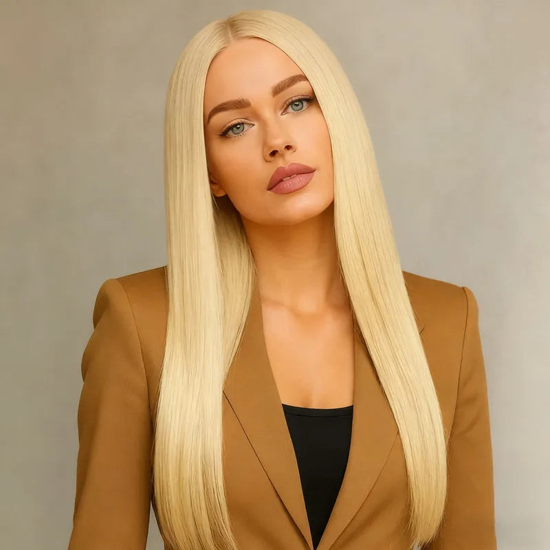 Women's golden 28 inch straight synthetic wig is fashionable and elegant, suitable for daily party wear