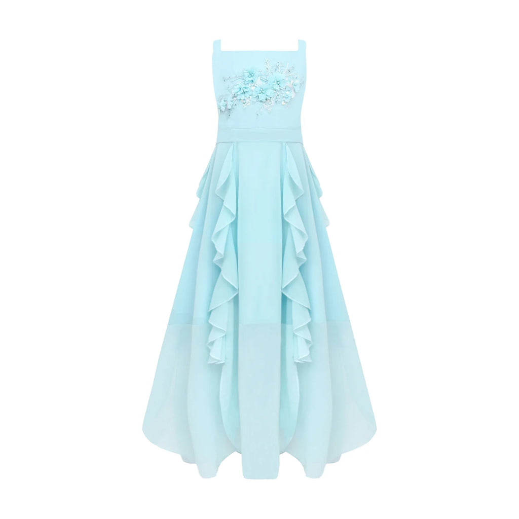 Kids Girls Elegant Chiffon Party Dress Gown Embroidery Applique Ruffled Flowy Sling Dress for Pageant Birthday Wedding Evening