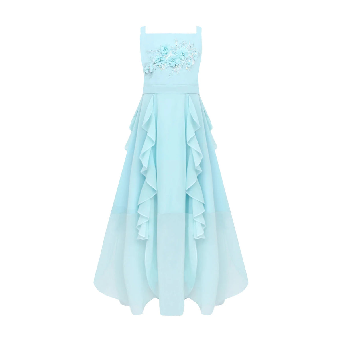 Kids Girls Elegant Chiffon Party Dress Gown Embroidery Applique Ruffled Flowy Sling Dress for Pageant Birthday Wedding Evening