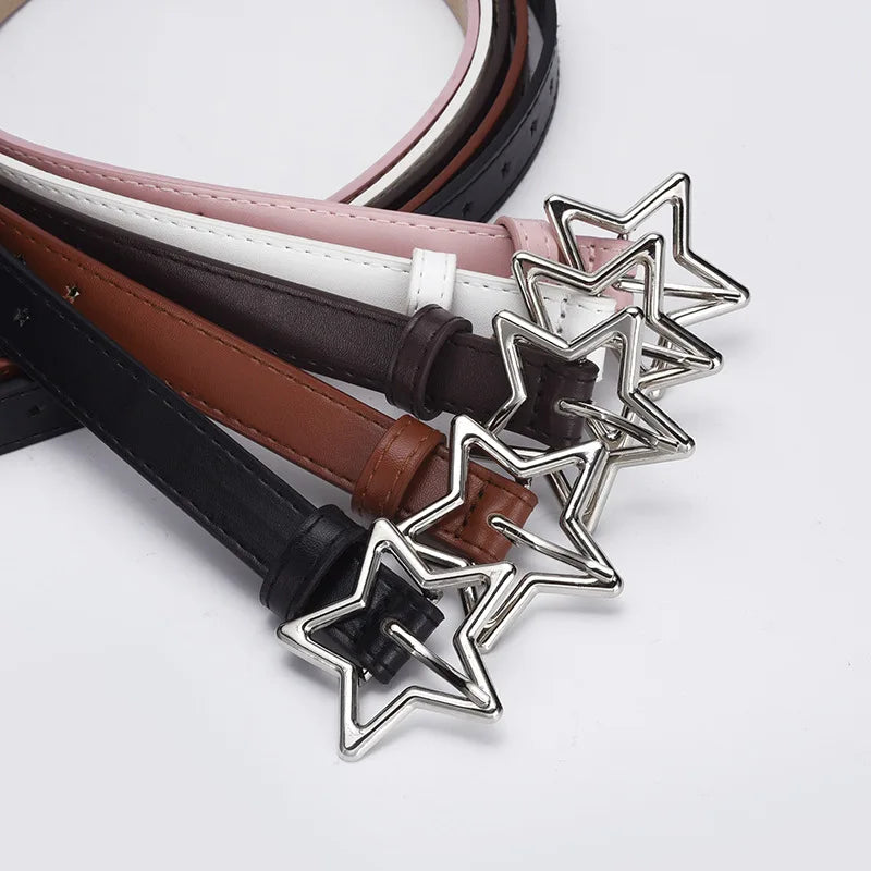 1.8x93cm Children Kids Five-pointed Star Metal Snap PU Leather Belt Girls Boys Silver Buckle Waistband Pants Decor Waist Belt