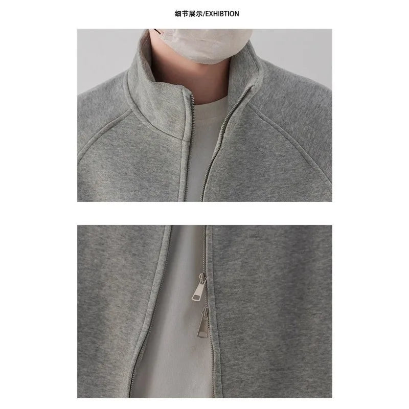 Solid Color Stand Collar Zipper New Sports Men's Loose Casual Versatile Jacket Cardigan Sweater