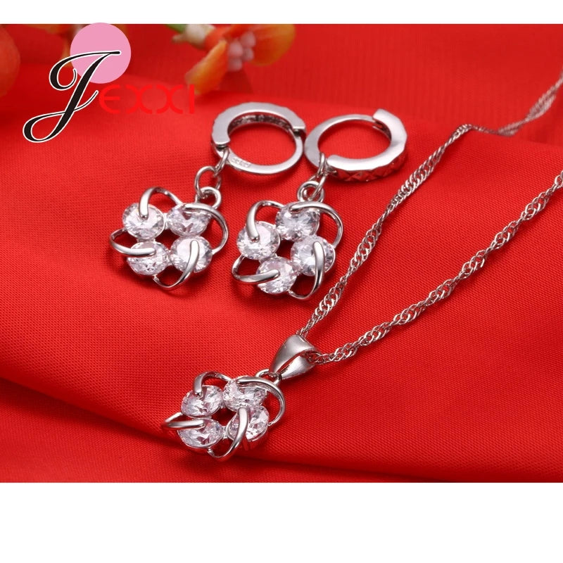 Women 925 Sterling Silver Jewelry Set Fashion Luxury Jewelry CZ Crystal Necklace Earring Pendant Bridal Jewellery Set