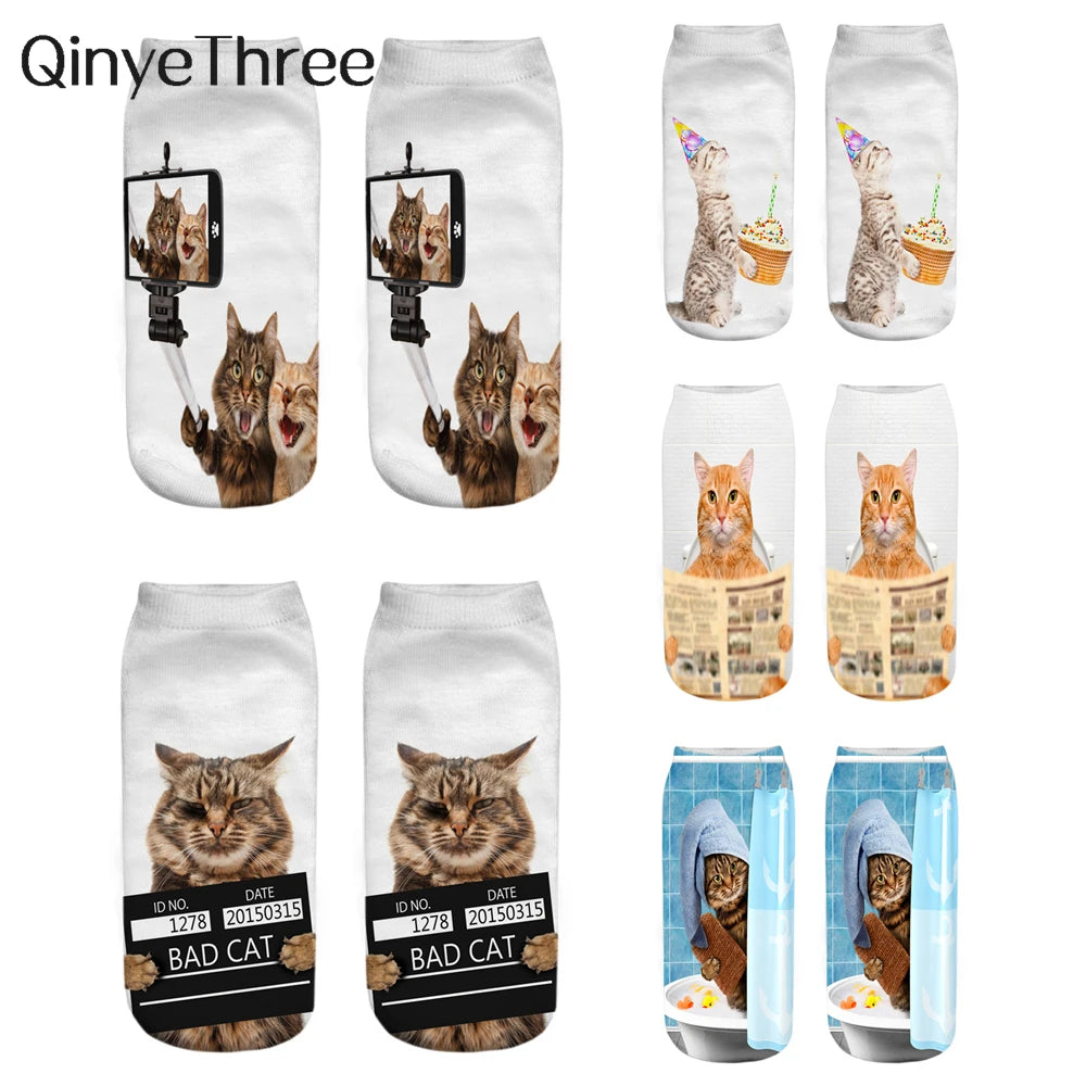 New Women Hot Sell 3D Printed Cool Fashion Funny Cats Cosplay Daily Life Story Socks Short Socks Art Novelty Xmas Gift Dropship