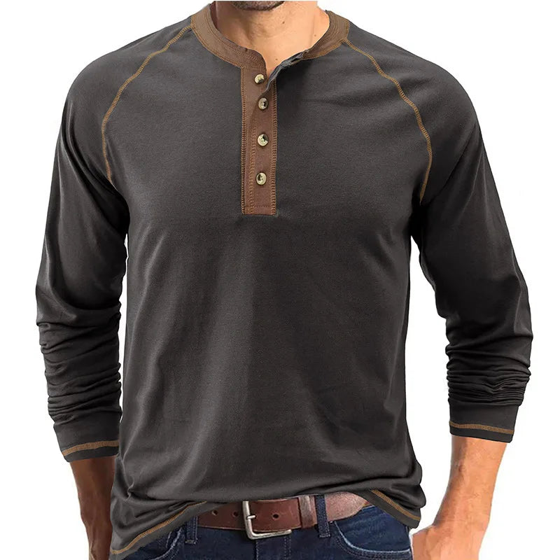 New Men's Long Sleeve Cotton T shirts Men Fashion Henry Collar T shirt Spring Autumn Patchwork Tops Tees Brand Men Clothing 2025
