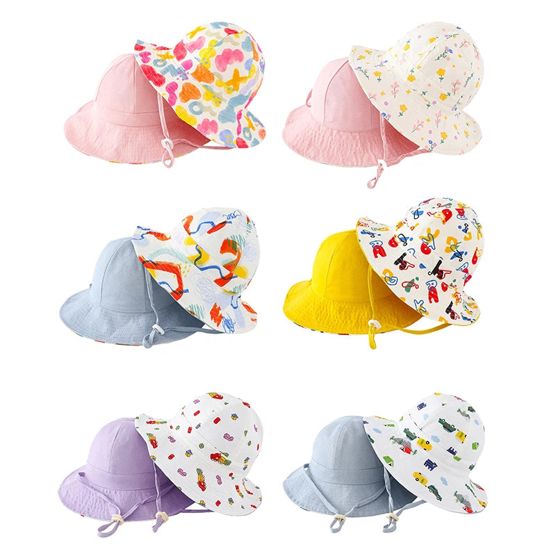 New Kids Bucket Hat Double-side Fisherman Hat Spring Summer Children Sun Hats for Girls and Boys Outdoor Baby Sun Hat