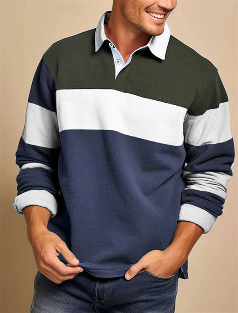 Simple Striped Long Sleeve Polo Shirts For Men Fashion Daily Wear 3D Printed Golf Polo Shirt Casual Oversized Lapel Button Tops