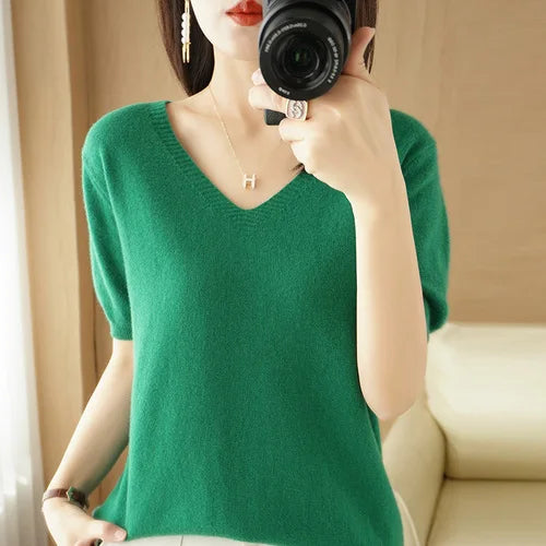 Women Sweater Casual Short Sleeve Pulls 2025 Spring Summer V-neck Knitwears Korean Fashion Shirts Tops Pullovers Soft Jumpers
