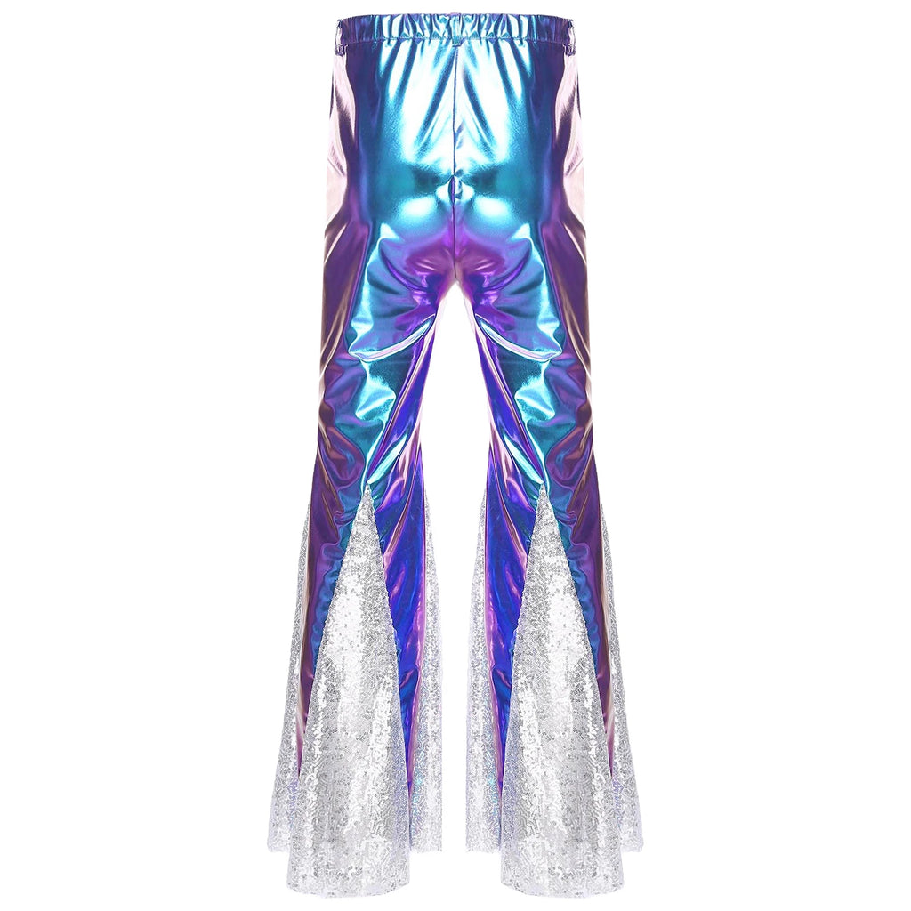 Mens Shiny Metallic 70s Disco Flared Pants Hippie Vintage Hip Hop Carnival Performance Costume Sequins Bell Bottoms Trousers