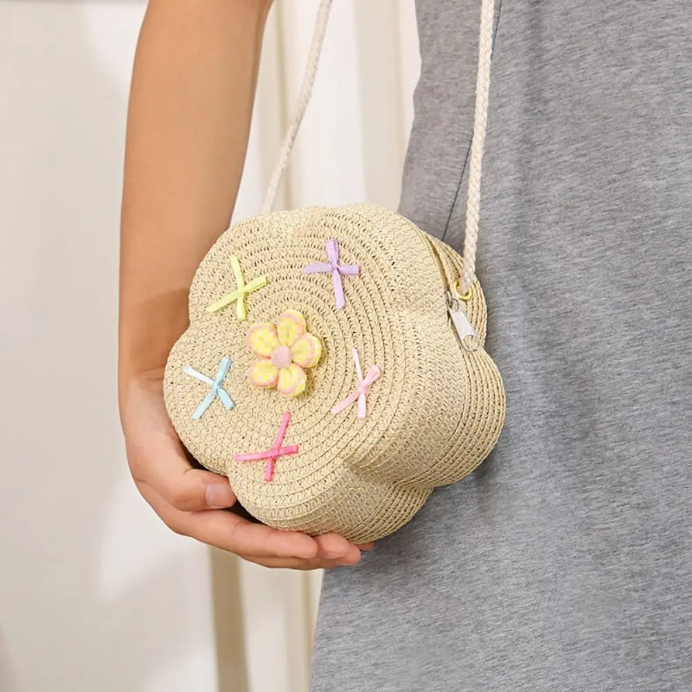 Cute Summer Children Girls Shoulder Bag Flower Bow Handmade Straw Baby Bags Messenger Bag Kids Keys Coin Purse Cute Mini Handbag