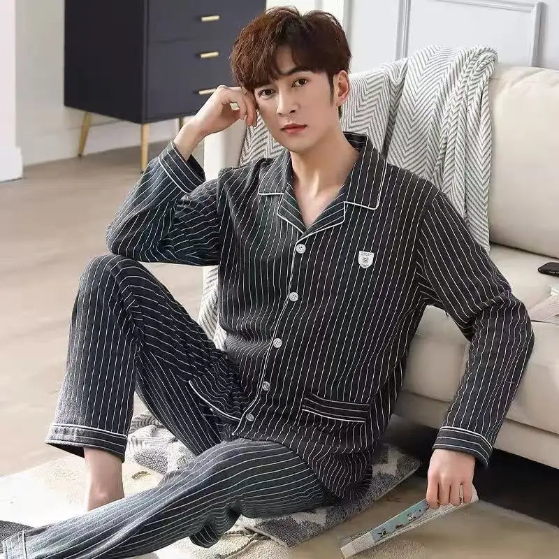 Man 2/pce Set Spring Autumn Casual Pajama Male Fashion Long Sleeves Pants Loungewear boy Loose Indoor Pajama Homewear Loungewear