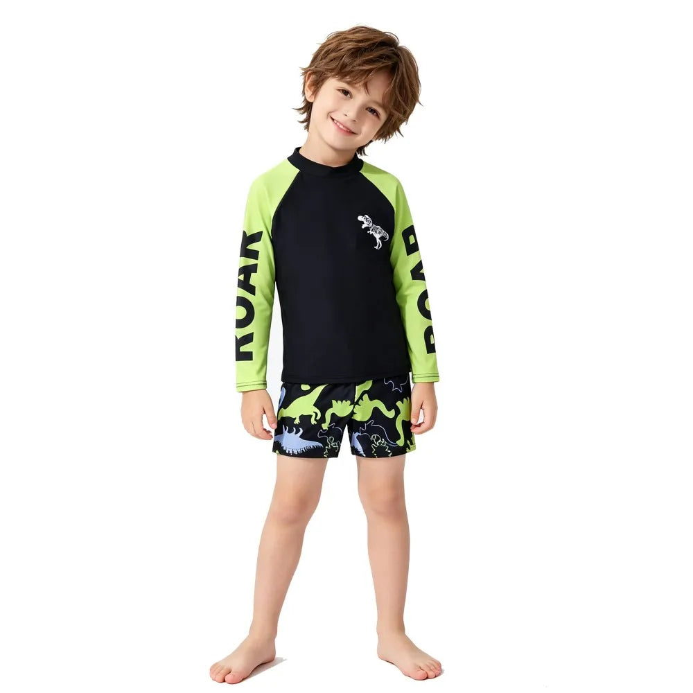 Boys 2-Piece Dinosaur Swimwear Long Sleeve Children Swimsuit Rash Guard Top+Shorts Bathing Suit For Toddler Kids Beach Pool