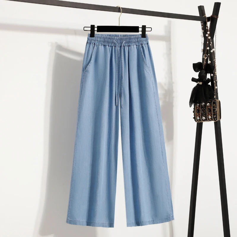 Women's Summer Slim Straight Leg Jeans Wide Leg Ice Silk Casual High Waist Trousers Cotton Polyester Blend No Ironing Needed