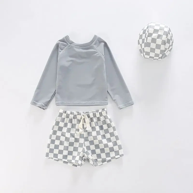1-7Y New Children's Swimwear for Boys Children's Checkered Split Sun Protection Long Sleeve swimsuit  for Baby Swimwear  유아 수영복