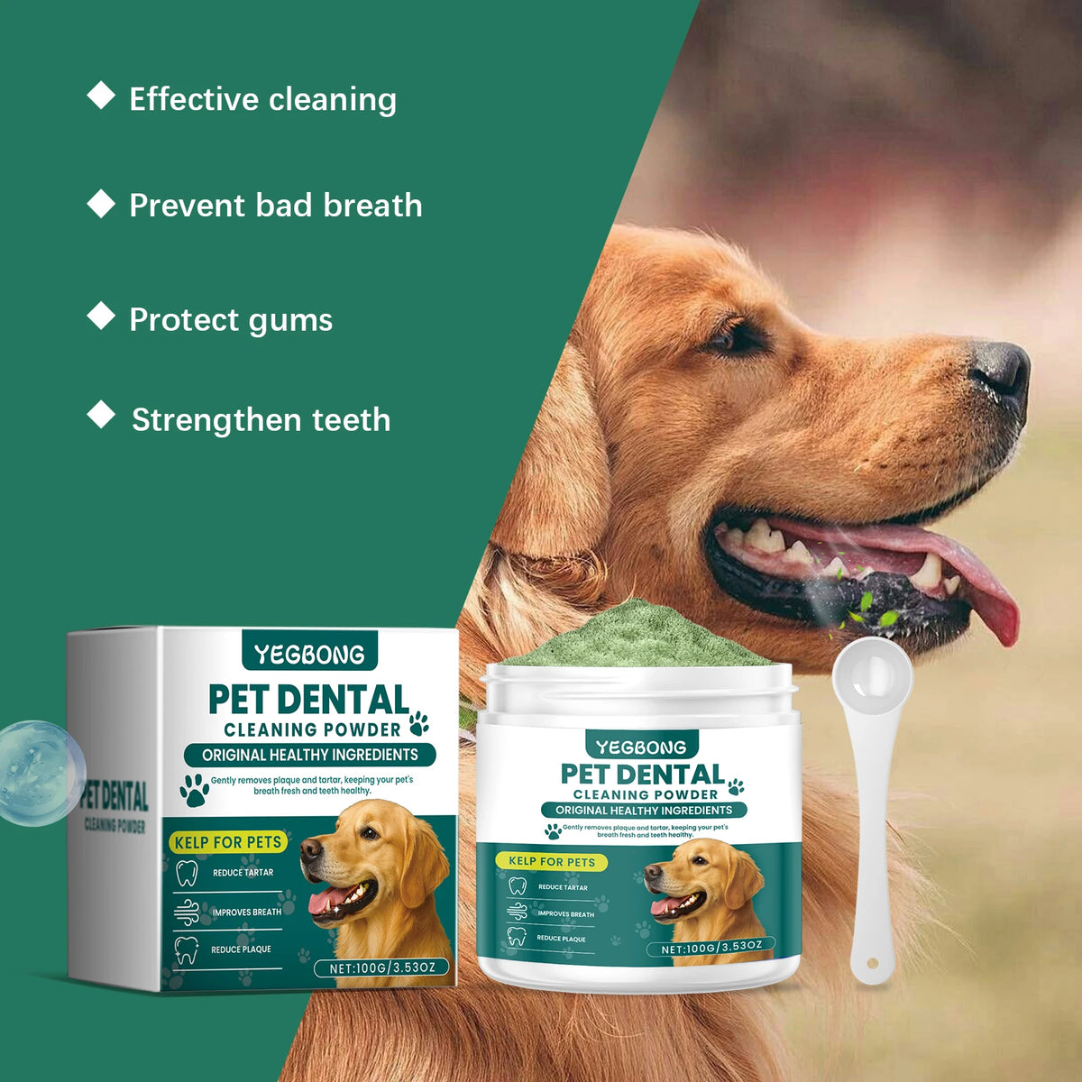 100G Pet Dental Cleaning Powder Natural Formula Cleaning Teeth Stains Prevent Plaque Eliminate Bad Odors Mild Pet Teeth Cleaner