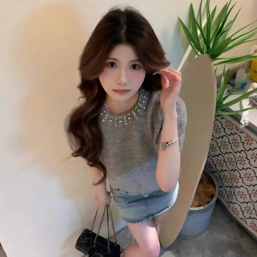 Spring Gray Round Neck Short sleeved T-shirt Women Tops Sweater Summer New Fashion Mohair Knit Pullover Versatile Slim Short Top