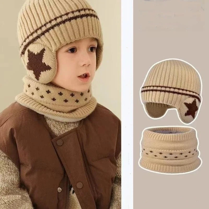 1 Set 1-10Y Children Baby Boy Winter Knit Gloves Hat Scarf 2pcs Suit Outdoor Windproof Fleece Warm Kids Ring Beanie Hat For Boys