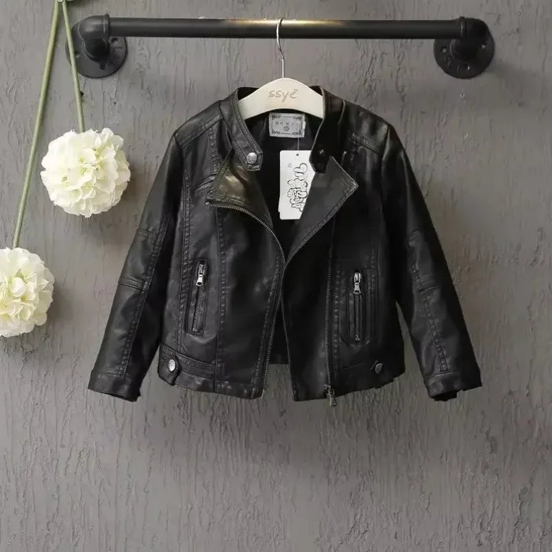 2025 Girls Boys Black Pu Zipper Jackets Kids Baby Leather Jacket  Cool Coat Children Clothes Overcoats Spring Autumn 2-14T