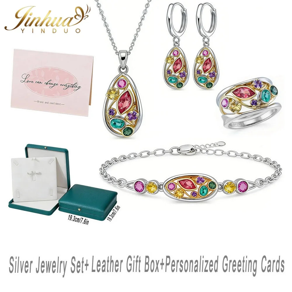 Wellness Jewelry Gift Set 925 Sterling Silver Women Improve Blood Circulation Natural Quartz Stone Bohemian Multicolor Crystals