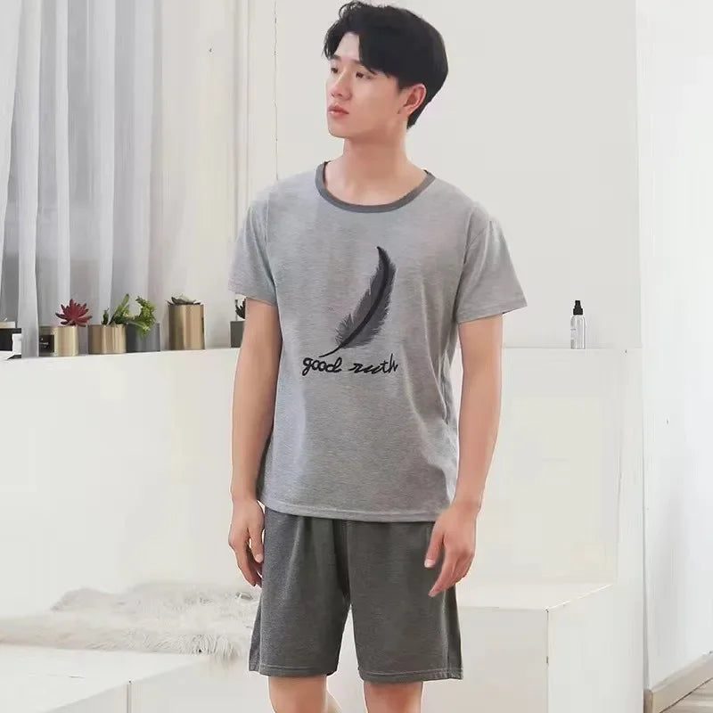 Men Pajama Set Cotton Short Sleeve Shorts Casual Striped Nightwear Loungewear Two-Piece Set Plus Size Summer Man Sleepwear