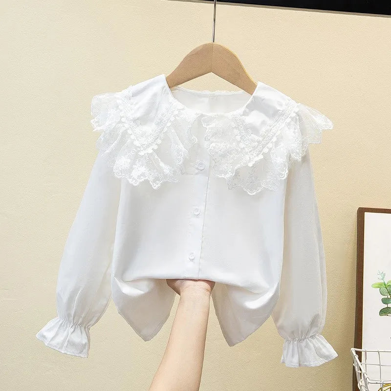 Kids Shirt White Long Sleeve Spring Autumn Class Uniform Performance Costume Lace Girls Student Wear New Girls