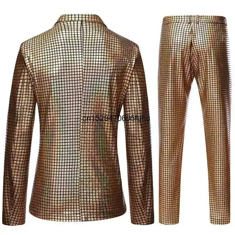 Shiny Mens Stage Prom Suits Rainbow Plaid Sequin Jacket Pants Men Dance Festival Christmas Halloween Party Costume Homme